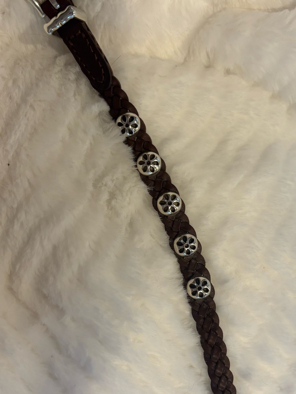BRIGHTON Braided Brown Leather BRACELET with Silver Floral Conchos
